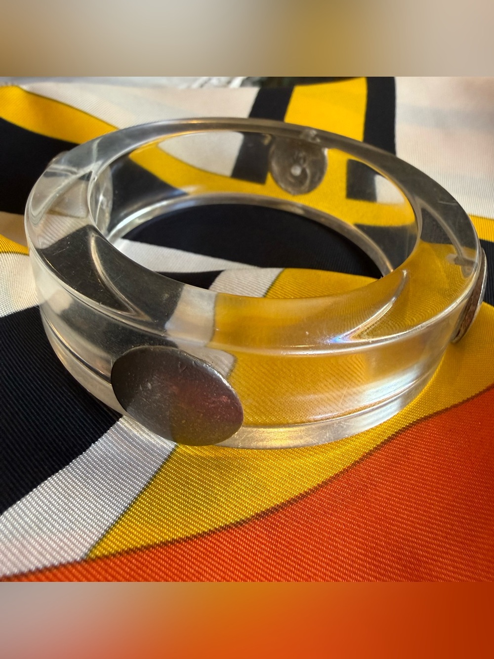 Vintage Rare Clear Lucite  Bangle Bracelet with Silver Accents Heavy Chunky 1960